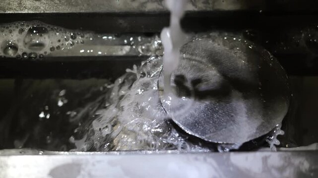 Close up of precision wire EDM metal cutting with coolant fluid in industrial machine. High accuracy machining process in modern manufacturing factory.