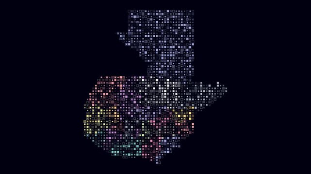Guatemala map animation. Shape of the country with pulsating colored dots. Small size square blocks. Digital style Guatemala map on dark background. Plain video.