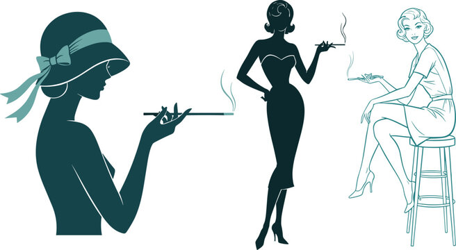 Vintage vector illustration set of elegant 1950s women in silhouettes and line art smoking long cigarettes for retro fashion design