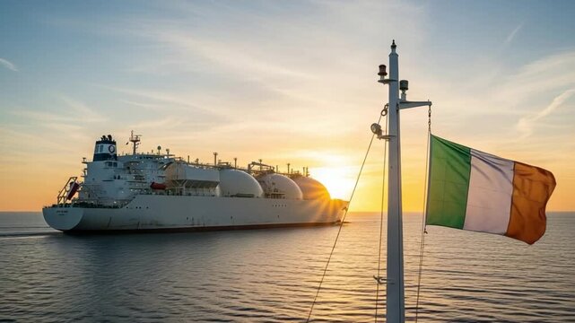Massive liquefied natural gas (LNG) tanker cruising on the calm sea during a beautiful sunset, with the Irish flag waving proudly from a ship's mast, representing maritime energy trade.