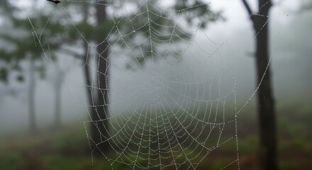 Delicate Dew-Kissed Spiderweb in Misty Forest