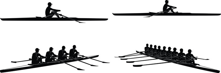 Set of Rowing Silhouettes Featuring Single Scullers and Team Crews in Racing Shell Boats for Water Sports Competition Logo Design © MDMEHEDI