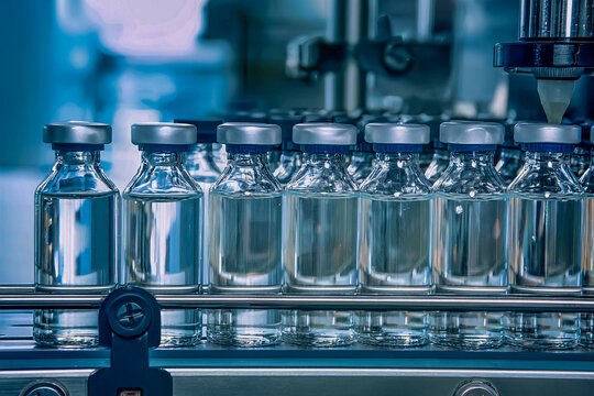 Glasflaschen in der Produktion  auf einem Flie&szlig;band in einer Linie zum Abf&uuml;llen von Arzneimitteln gegen Bakterien und Viren, Antibiotika und Impfstoffe