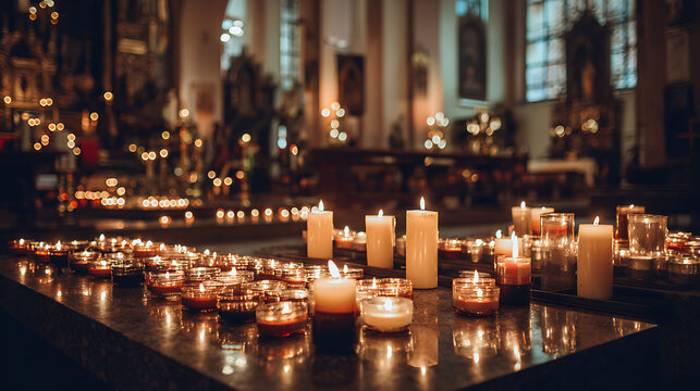 Candles glow softly on marble surface. Chandeliers hang above in warm golden light. Windows frame distant, softly lit arches. Candles cast gentle reflections on polished stone