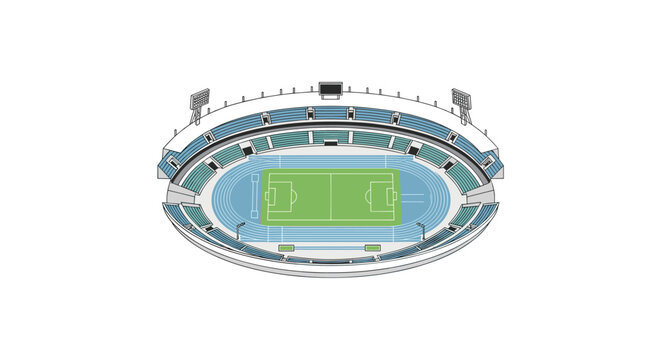 A large oval sports stadium with a green football field and blue running tracks is surrounded by tiered seating from an aerial perspective on a white background.