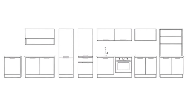 Modern Kitchen Cabinet Design Layout, White Interior, Front View, Illustration