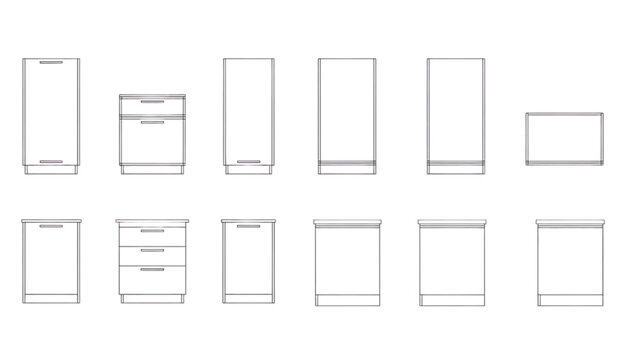Kitchen Cabinet Design Layout, Multiple Views, Technical Illustration, Minimalist Style
