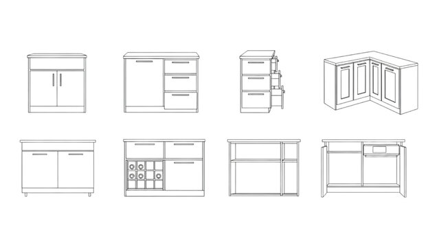 Technical Drawings of Modular Kitchen Cabinets, Design Blueprints, Architecture Drafts