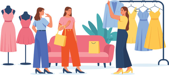 Women friends choosing dresses and jacket while shopping in modern fashion boutique with mannequins and clothing rack
