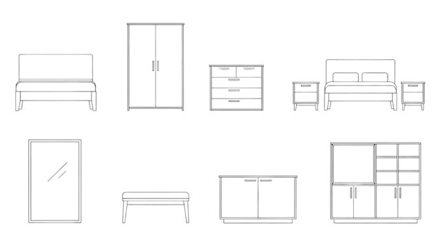 Bedroom Furniture Elevation Symbols Set, Bed Wardrobe Cabinet CAD Line Drawing Collection Vector