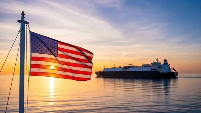 American flag waving proudly on a flagpole with a large cargo ship sailing on the ocean at sunset, symbolizing global trade and maritime transportation.