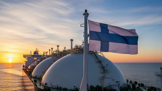 Finnish flag proudly waving on a large liquefied natural gas (LNG) carrier ship sailing on the open sea during a vibrant sunset