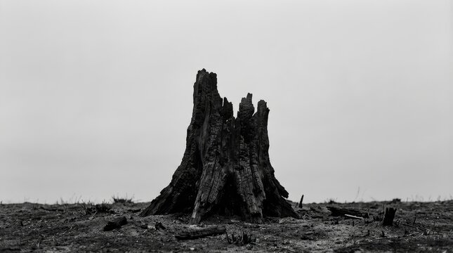 Burnt tree stump against pale sky symbolizing destruction wildfire aftermath concept