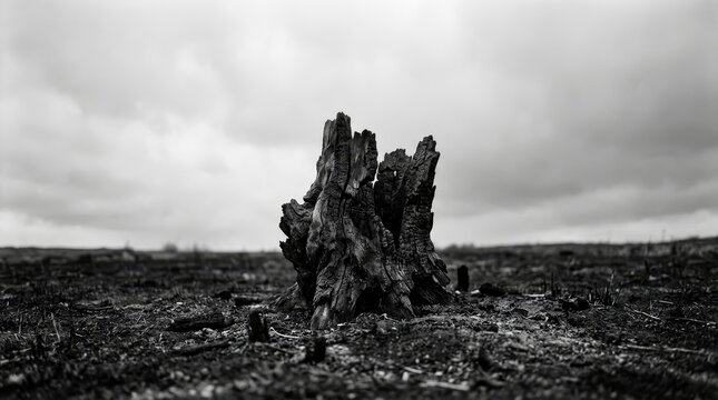 Burnt tree stump against pale sky symbolizing destruction wildfire aftermath concept