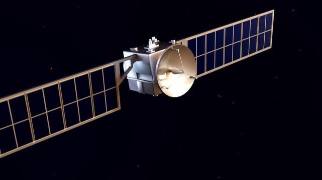 A 3D animation of a communications satellite orbiting in deep space. Two large, rectangular solar panels extend from the sides.