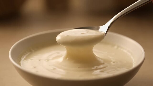A creamy white sauce being scooped from a bowl with a spoon