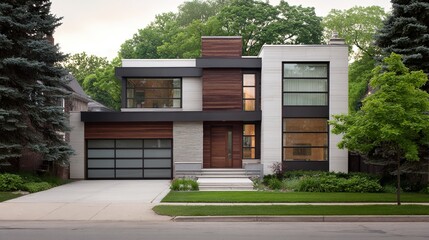 Fototapeta premium frontyard. Modern suburban home with clean lines and neutral tones under natural daylight. real-estate listings, architecture portfolios, designed for interior renovation comparisons for interiors.
