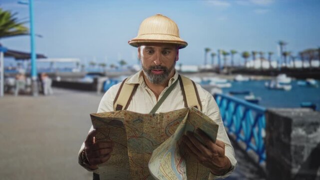 Man holding map open, surprised expression, backpack visible on seaside street by boats and port; lost confusion.