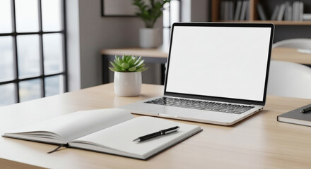 Fototapeta premium Open blank notebook with pen beside laptop with white screen mockup on modern wooden desk with succulent plant and bookshelf background.