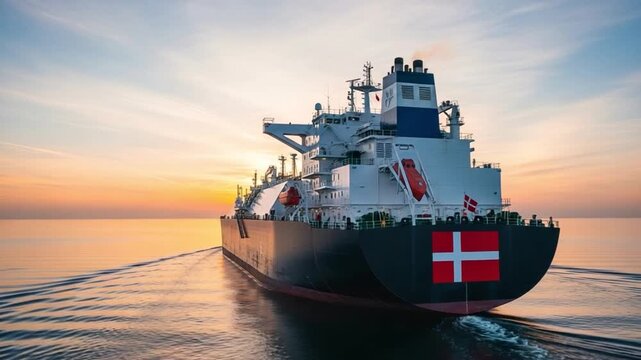 Large cargo ship sailing on calm ocean waters at sunset, displaying the Danish flag on its stern.
