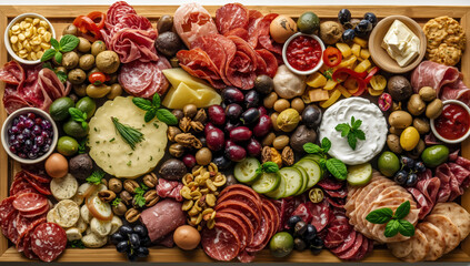 Charcuterie board with assorted cured meat cheese olives nuts fresh herbs and dips