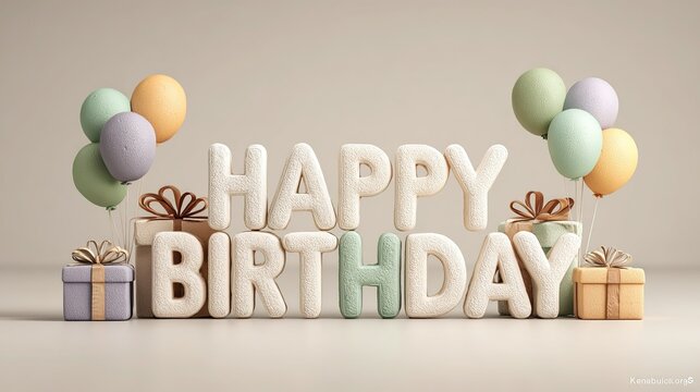 3D text "happy birthday" with birthday decorations balloons gifts in pastel colors simple background blender render vector