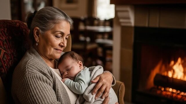 Loving grandmother gently cradling her sleeping newborn grandchild by a warm fireplace in a cozy home setting, depicting intergenerational bond.