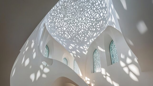 squinch. Islamic architectural interior with geometric patterns under a dome, soft ambient light. real-estate listings.