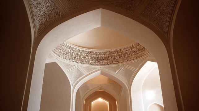 squinch. Islamic architectural interior with geometric patterns under a dome, soft ambient light. real-estate listings.