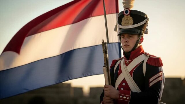 Young European male soldier in a detailed 19th-century military uniform holding a rifle, with the Dutch flag waving proudly behind him.