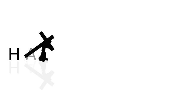 Symbolic silhouette animation of Jesus carrying the cross moving from left to right across the screen, revealing Happy Easter typography with reflection effect, isolated on white background.