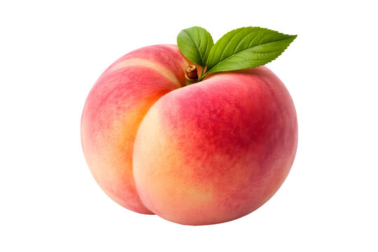 Fresh donut peach with green leaves isolated on white background, ripe flat peach fruit close up