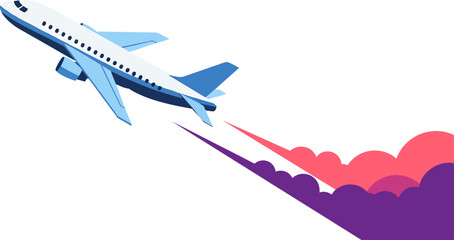 Naklejka premium A blue and white airplane ascends into the sky, leaving a trail of purple and pink smoke.