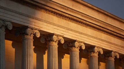 Fototapeta premium ionic. A neoclassical colonnade illuminated by sunset, capturing timeless architectural elegance. inspiring travel planning.