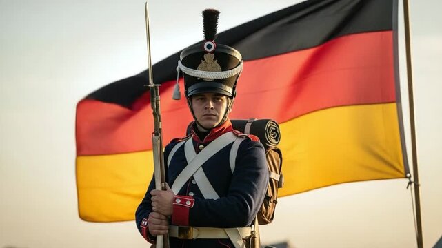 Young male soldier in a detailed historical military uniform holding a bayoneted rifle, standing proudly before a large German flag, symbolizing patriotism and national heritage.
