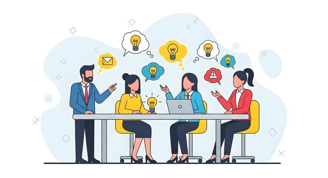 Collaborative business meeting with creative thinking and communication icons in flat vector style with great for teamwork, workflow, and internal comms designs
