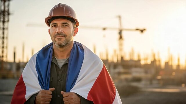 Proud middle-aged male construction worker wearing a hard hat and French flag draped over his shoulders at a building site during sunset