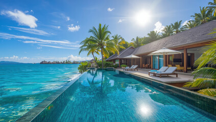 Luxury tropical resort villa with infinity pool, palm tree, sunlit ocean view, relaxing