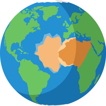 A stylized illustration of Earth showing ancient landmasses breaking apart, possibly depicting continental drift or Pangea.