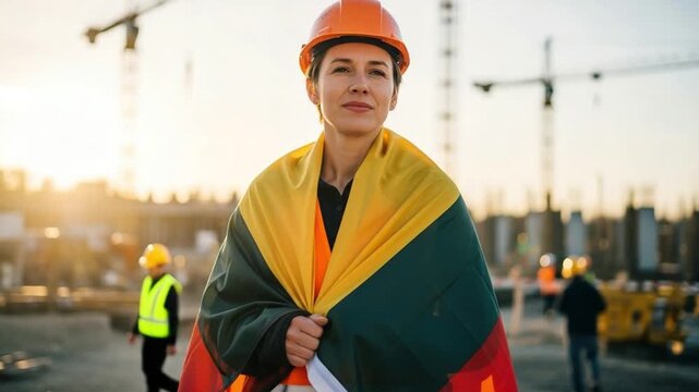 Confident female construction worker wearing a safety hard hat and wrapped in the Lithuanian flag at a sunny building site, symbolizing national pride and industry.