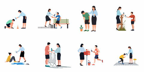 Fototapeta premium Collection of flat vector illustrations depicting a woman volunteer offering water and support to exhausted runners and athletes during a marathon or sports event.
