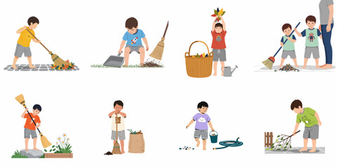 Set of flat vector illustrations showing young children helping with outdoor garden chores, sweeping leaves, and cleaning the yard together. © Rizki