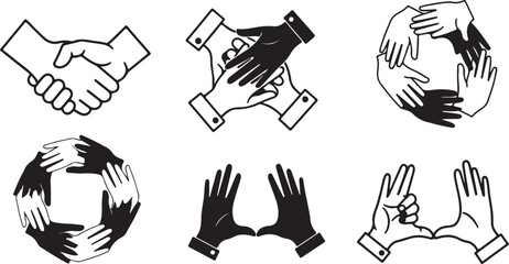 Vector simple linear illustration, hands and gestures, hand drawn illustration, poster, logo, print design template, business cooperation and teamwork 