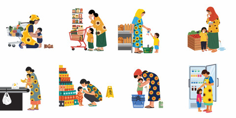 Fototapeta premium Flat illustration set of mothers and children shopping in a supermarket, showcasing various parenting challenges and daily life moments in a store.
