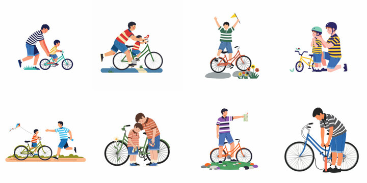 Set of flat vector illustrations depicting various scenes of a father teaching his son how to ride a bicycle and their shared outdoor bonding.