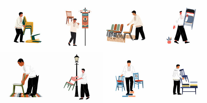 Illustration set of Filipino men in traditional Barong Tagalog shirts working together to move, stack, and arrange chairs for a community event.