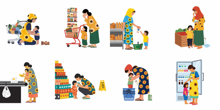 Flat illustration set of mothers and children shopping in a supermarket, showcasing various parenting challenges and daily life moments in a store.