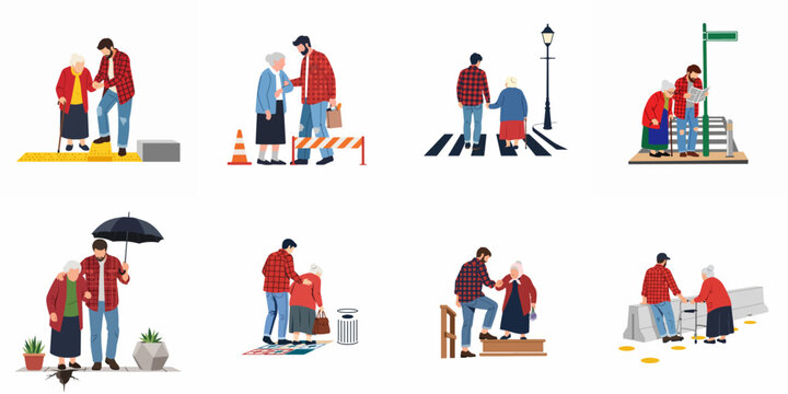 Illustrations of a young man helping an elderly woman navigate various urban obstacles and daily life situations, depicting kindness and social support.