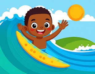 Obraz premium A cartoon boy surfing on a wave