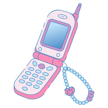 ハートストラップ付き折りたたみ携帯電話のかわいいイラスト ガラケー レトロモバイル通信 懐かしい携帯電話デザイン背景透過PNG切り抜き素材